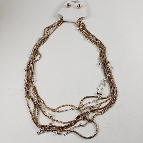 Multi-Strand Gold & Silver Dual-Tone Necklace with Matching Gold Stud Earrings - Picture 8 of 10